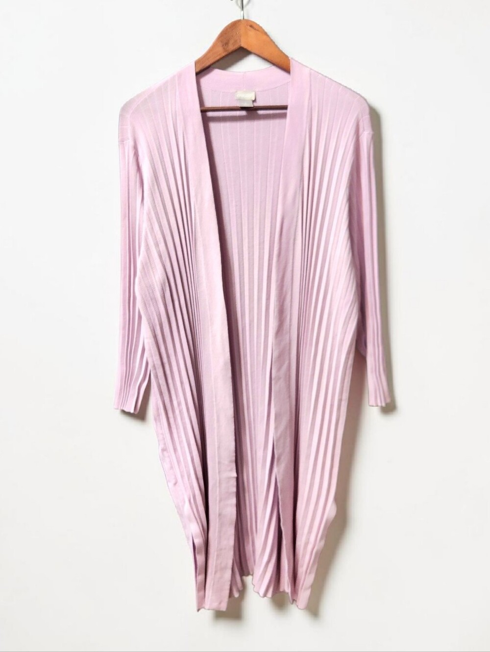Chicos 3 XL Long Pleated Open Cardigan Lilac Split Sides Stretch Longline Pastel
